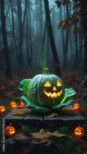 Glowing jack-o'-lantern carved from cabbage on wooden bench in misty forest, whimsical Halloween scene with autumn leaves and eerie atmosphere
