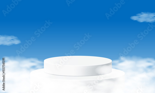 White 3D podium floating in the clouds under a blue sky. Minimalist scene with soft lighting and dreamy atmosphere. Ideal for product display, presentation, or advertisement background. Vector image.
