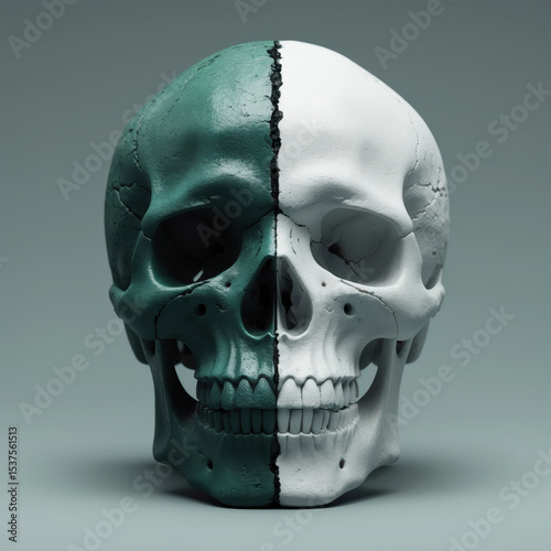 Split human skull with half painted green and half white, conceptual image symbolising contrast, duality, and life versus death themes