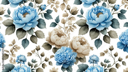 Seamless vintage floral pattern with soft blue and beige peonies on white background