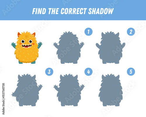 Find correct shadow of cute monster. Educational logical game for kids. Halloween game. Cartoon monster. Vector
