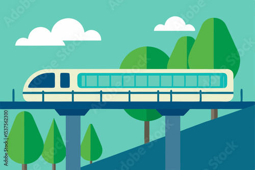 Cartoon train on a green countryside railway with a blue sky and distant city buildings