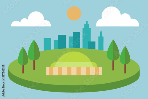 Landscape cartoon illustration of a city with trees, houses, and green fields under a summer sky with clouds and sun