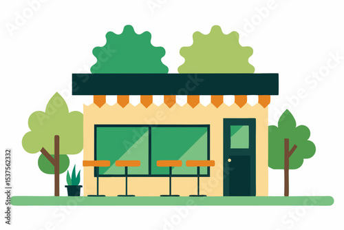 Urban eco-friendly house illustration with a green landscape, trees, and sky
