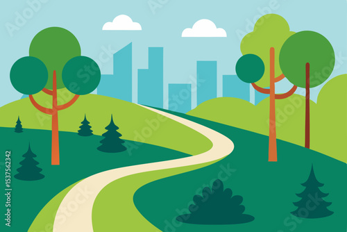 Vector illustration of a city road winding through a green summer landscape with buildings, trees, and a clear sky