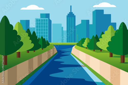 Green urban landscape with a winding road leading to a city skyline of modern buildings and trees under a clear sky