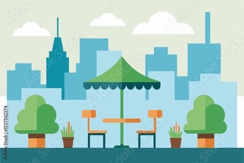 Vibrant vector illustration of a bustling urban cityscape with diverse buildings, trees, and clouds, depicting a green, ecological environment