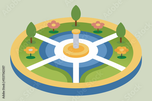 Circular Garden Design An Isometric Illustration of a Peaceful Oasis with Central Fountain and Flowerbeds
