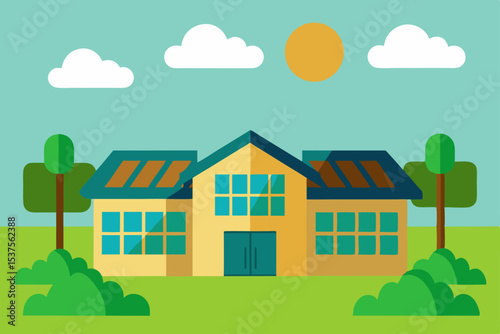 A vibrant cartoon house in a summer landscape with trees, sky, and rural village design
