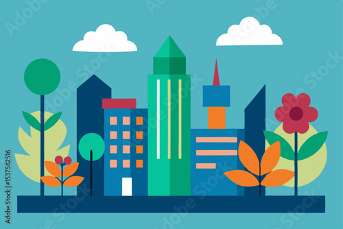 Green urban city landscape illustration with trees and flowers, an eco-friendly town design and nature-filled architecture