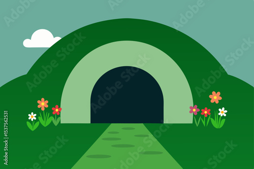 A vibrant summer landscape with a blue sky, green grass, and a field of colorful spring flowers, illustrating the beauty of nature on a sunny day