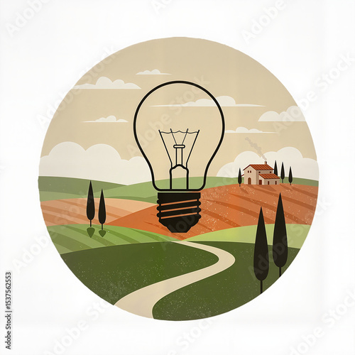 Stylized farmland with symbolic light bulb – concept of sustainable agriculture and innovation