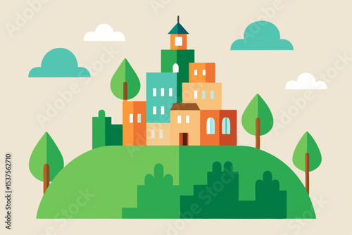 Charming Hilltop Town A Delightful Illustration of Urban Landscape