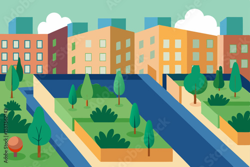 Cartoon vector illustration of a city landscape with houses, trees, and buildings under a summer sky