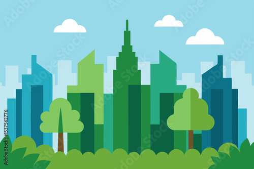 Green city landscape with urban buildings, trees, and a clear sky illustration