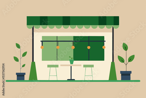 Charming Outdoor Cafe Green Awning, Plants, and Cozy Seating