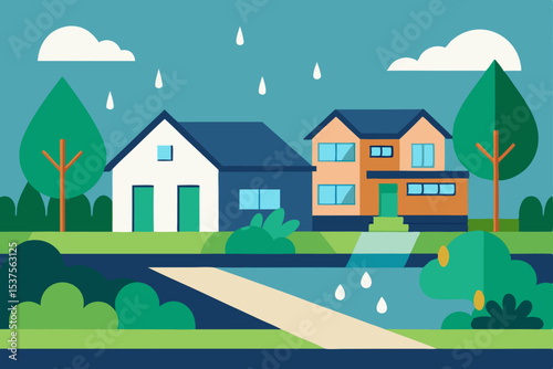 Charming Suburban Homescape Rain, Nature, and Peaceful Neighborhood