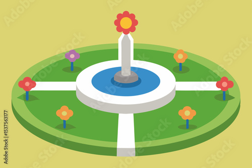Serene Garden Oasis Circular Fountain and Blooming Flowers Design