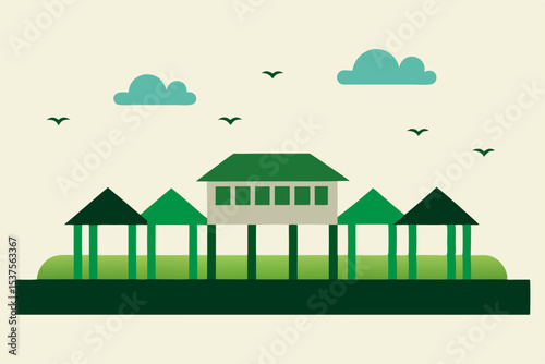 Serene Stilt Houses A Picturesque Lakeside Village Illustration