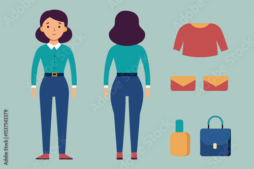Stylish Woman Character Design Front and Back Views with Clothing and Accessories