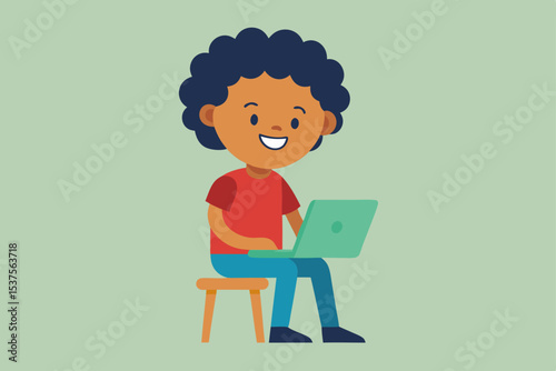 Happy Kid Using Laptop  Digital Literacy and Child Development Illustration