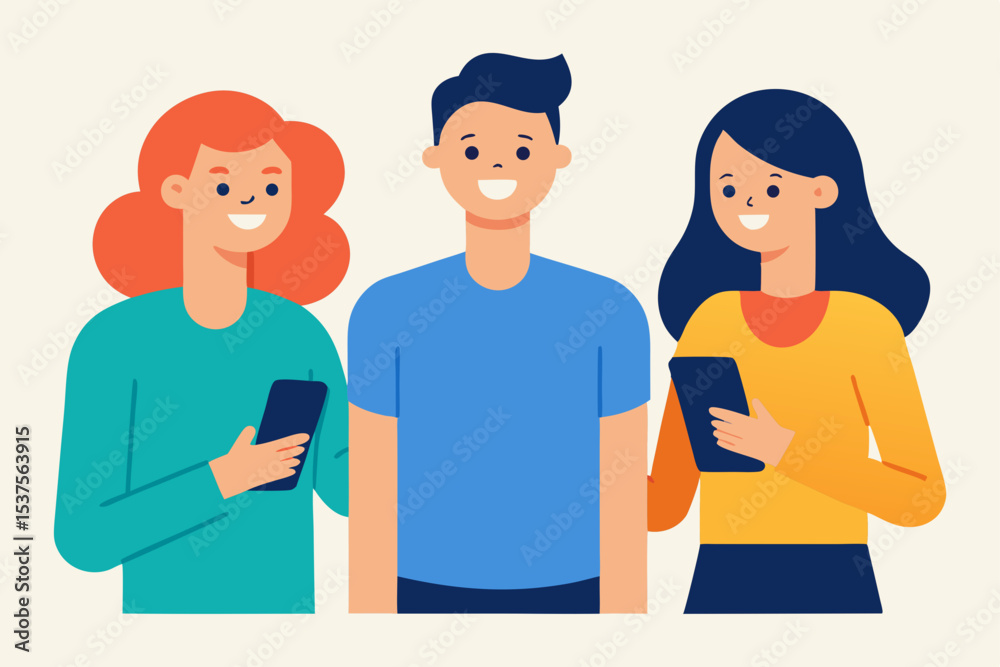 Obraz premium Connecting Through Technology Happy Diverse Friends Using Smartphones