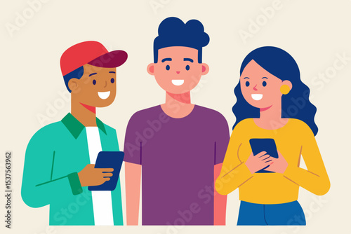 Diverse Group of Young Adults Using Smartphones and Tablets Modern Connection and Technology