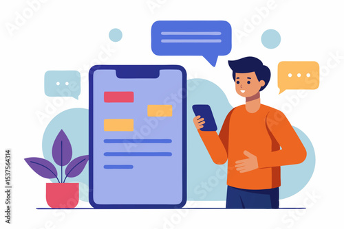 Modern Communication Man using Smartphone and Mobile App Interface
