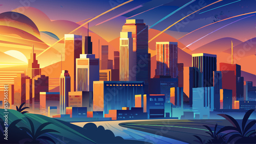 The serene sunrise casts magic over the skyline of Los Angeles. The city unfolds beneath the light, a beautiful blend of steel, sun, and West Coast charm.