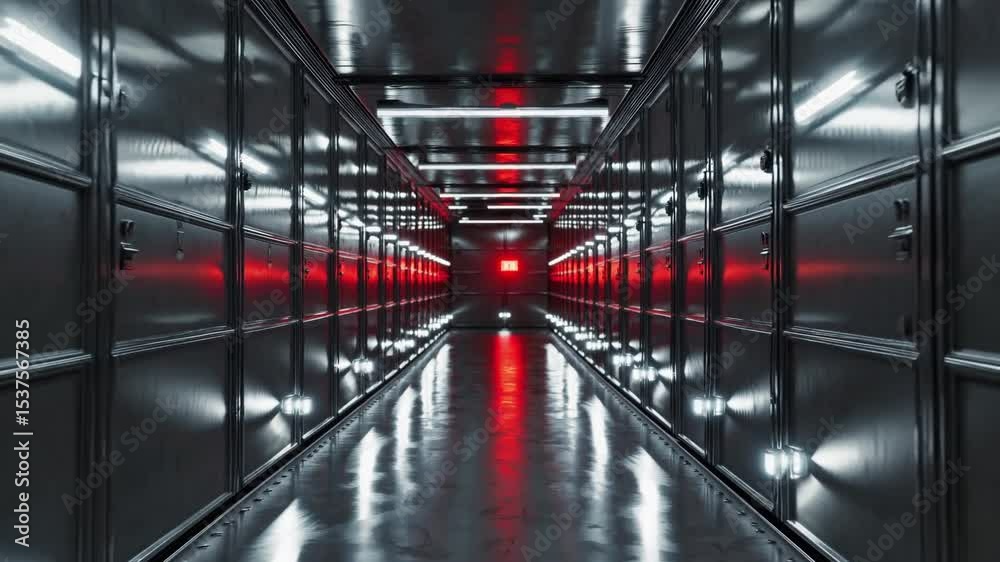 Red alert in long metallic corridor with many doors