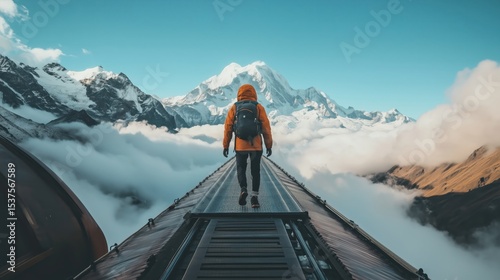 A train above the clouds.
A traveler in an orange jacket walks along the roof of the train, aiming for the snow-capped peak. A moment of strength, freedom, and striving for the unattainable.