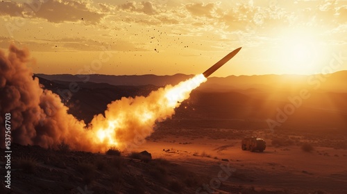 missile explosion mid‑air over desert terrain at sunset, volumetric smoke, warm tone, sensor flare effects