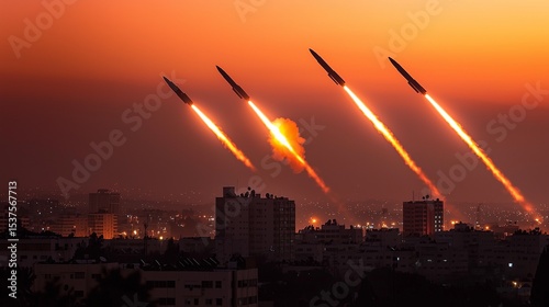 multiple Iron Dome missiles streaking skyward at twilight above coastal city, silhouette buildings, vivid hues, cinematic atmosphere