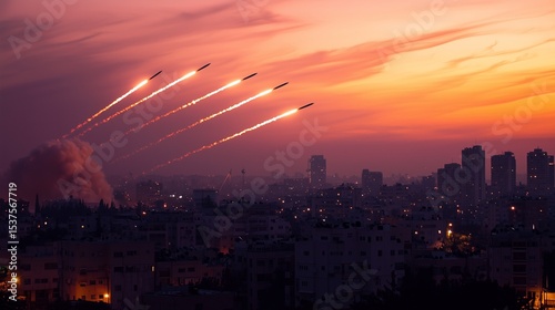 multiple Iron Dome missiles streaking skyward at twilight above coastal city, silhouette buildings, vivid hues, cinematic atmosphere