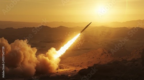 missile explosion mid‑air over desert terrain at sunset, volumetric smoke, warm tone, sensor flare effects