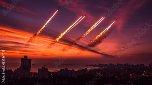 multiple Iron Dome missiles streaking skyward at twilight above coastal city, silhouette buildings, vivid hues, cinematic atmosphere