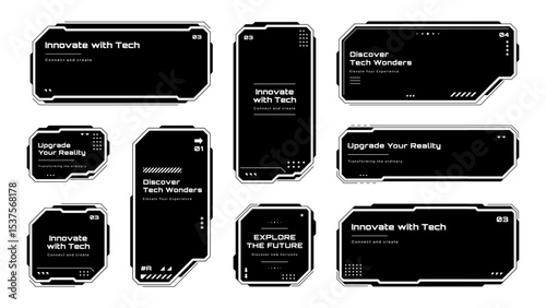Abstract futuristic HUD text box frame vector with geometric shapes. Modern digital sci-fi design element. Minimalist template.