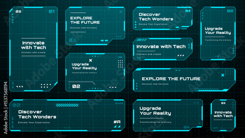 Collection of futuristic HUD text box frames and panels for digital display. Interface layout for data and technology concept. Vector graphics.