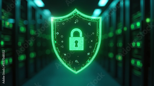A vibrant glowing chrome  shield symbol with padlock. Illuminated with neon white colors. Digital shield symbolizing security in a green futuristic server room environment
