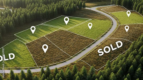 Aerial view of a forested region highlighting sold plots and available land for future development