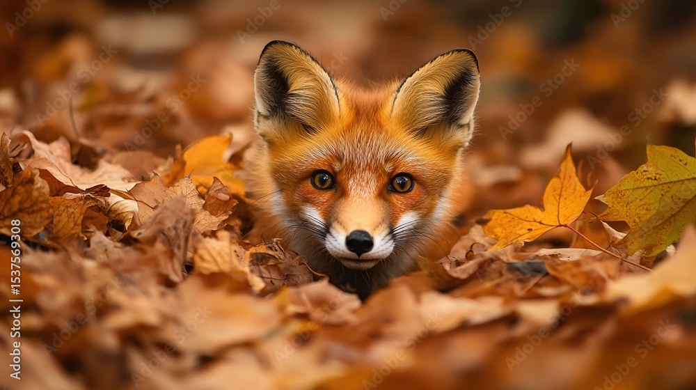 Fototapeta premium A red fox kit peeks from a pile of autumn leaves, its amber eyes fixed on the viewer, surrounded by warm-toned foliage in a shallow depth of field