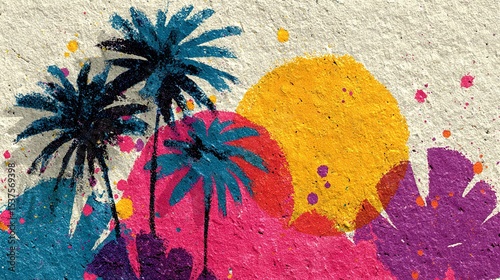   A vibrant mural of palm trees adorns a weathered concrete wall, boasting vivid splashes of paint