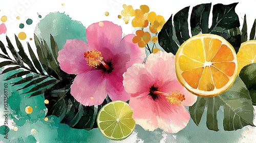  Orange, lemon, & palm leaf painting on white canvas w/ watercolor splashes