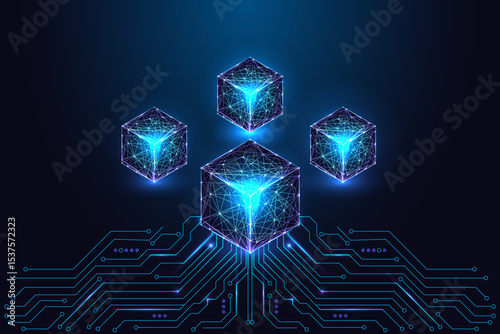 Blockchain cubes on digital circuit board, decentralized AI and web3 technology illustration