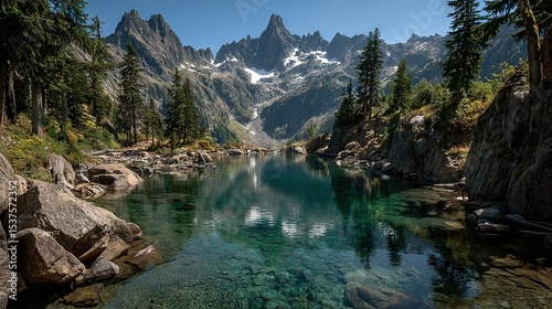   A picture shows a body of water encircled by boulders and foliage, with a snow-capped peak in the backdrop