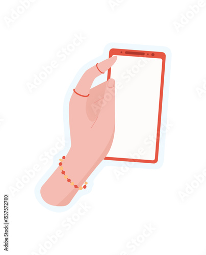 Hand holding a smartphone sticker. Person holds a mobile device in palm. Blank screen, flat design, modern template, suitable for use in social media and communication applications.