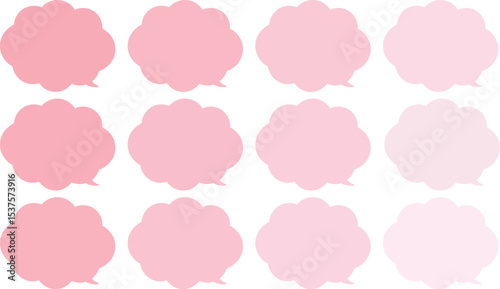All the bubbles have a distinctive, rounded, cloud-like, or scalloped edge design. This vector image features twelve speech bubbles.