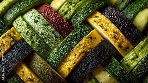   Close-up photo showcases various colorful cucumber patterns on a flat surface