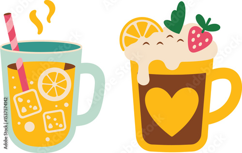 Colorful illustrated drinks including lemonade and coffee with strawberry and whipped cream