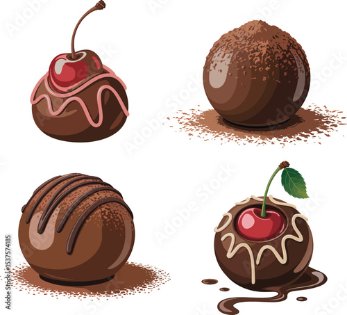 Delicious assortment of gourmet chocolate truffles with cherries isolated on white background